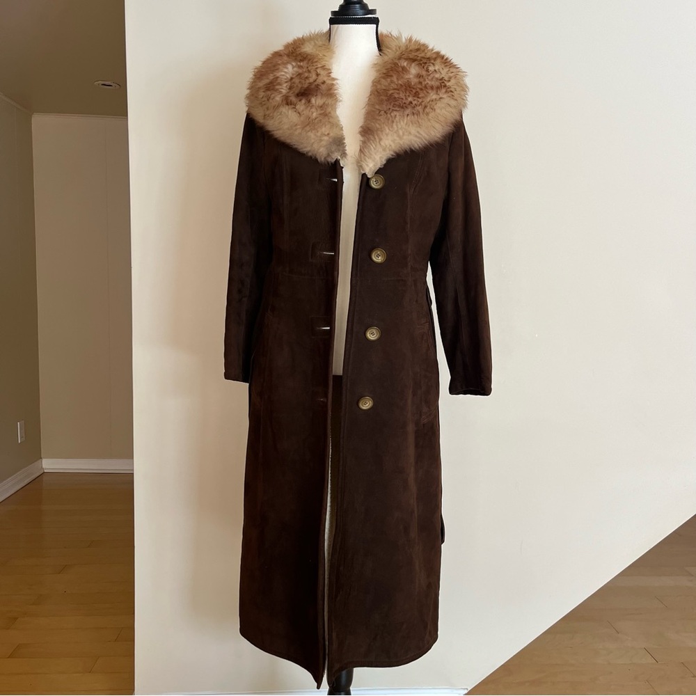 Long Brown Suede Coat with Fur Collar